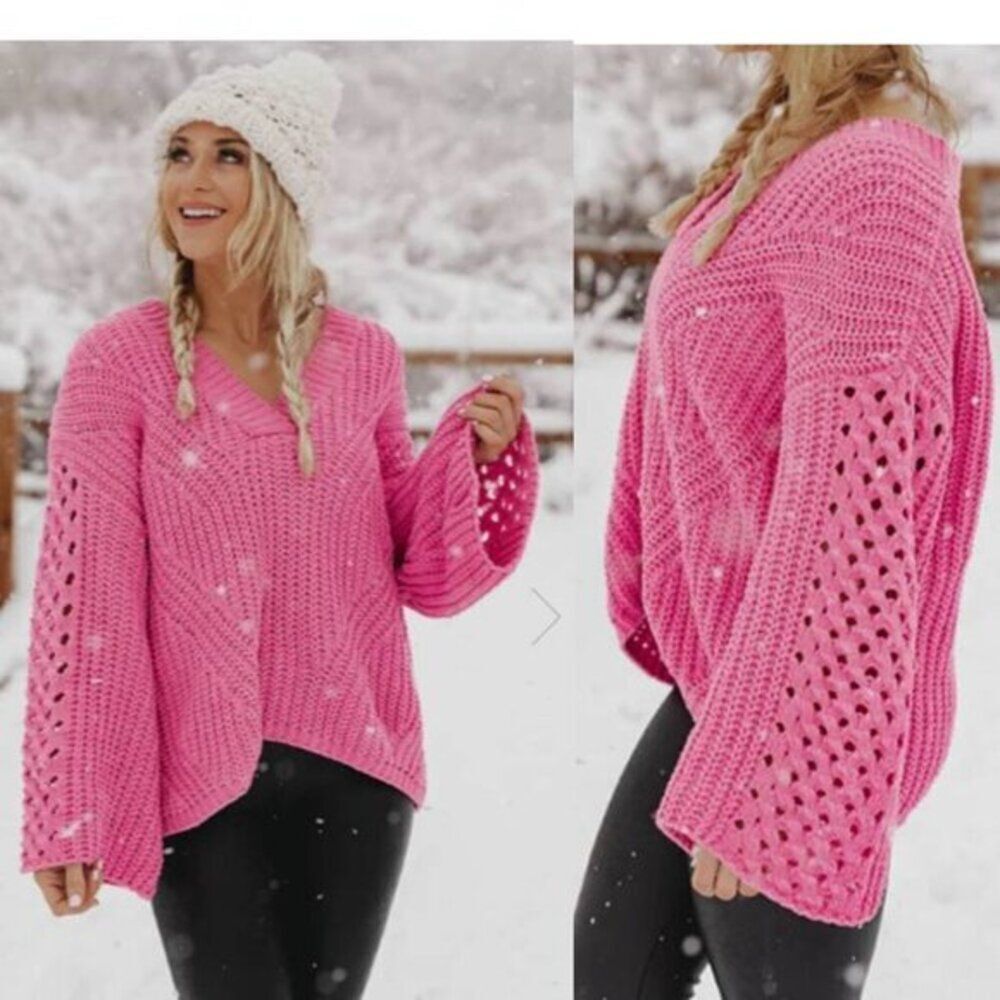 PINK LiLY‎ OVERSIZED OPEN KNIT BELL SLEEVE SWEATER